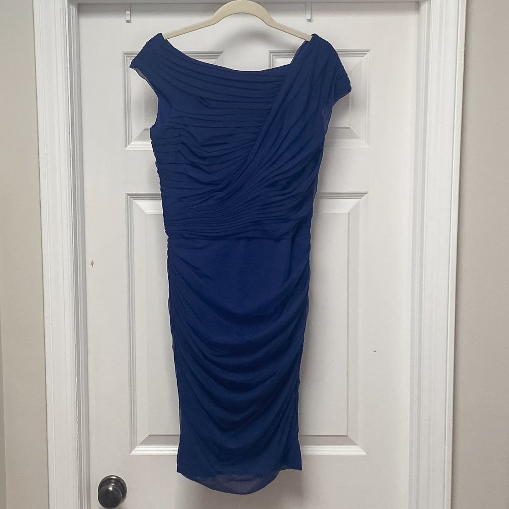 Women's Tadashi Shoji Royal Blue Fitted Ruched Cocktail Dress, Size M, Pre-Owned